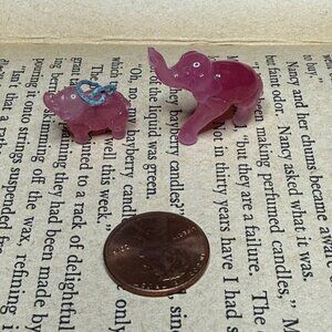 Set of 2 Miniature Vintage Pink Glass Lucky Elephant Charms Trunks Up